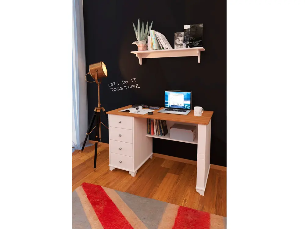 Стол массив сосны Бейли письменный с 4-я ящиками белый воск