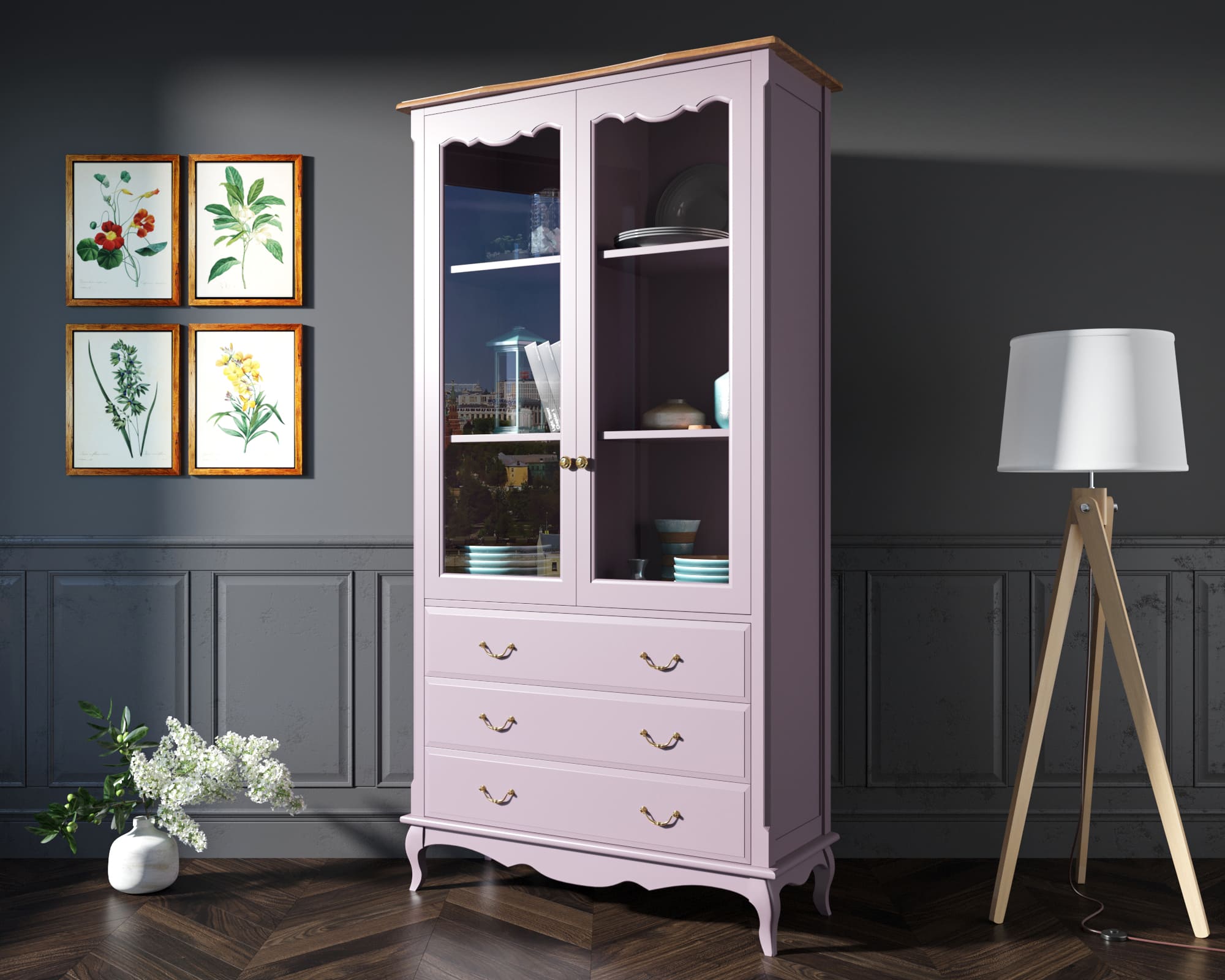 Шкаф "Leontina Lavanda" для посуды высокий 3 ящика арт ST9355/3L