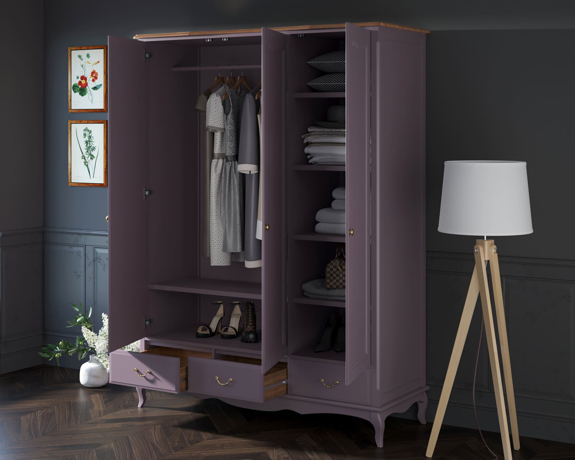 Шкаф Leontina Lavanda для одежды трехстворчатый с ящиками арт ST9327KR/3L